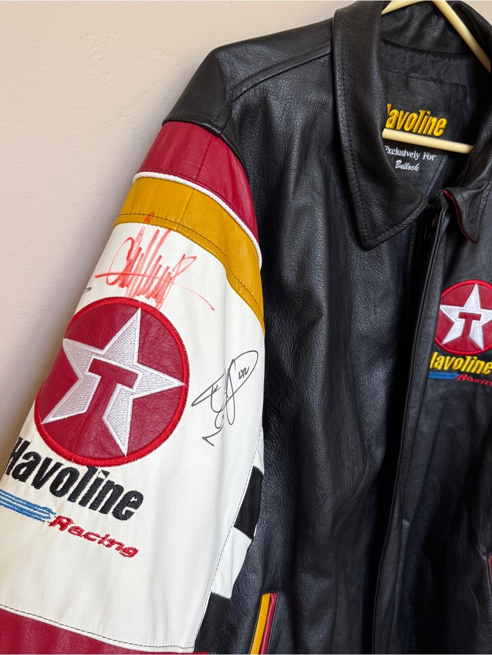 CUSTOM VINTAGE CHEVRON TEXACO NASCAR RACING LEATHER JACKET 3 AUTOGRAPHS MEN XL - Picture 4 of 16